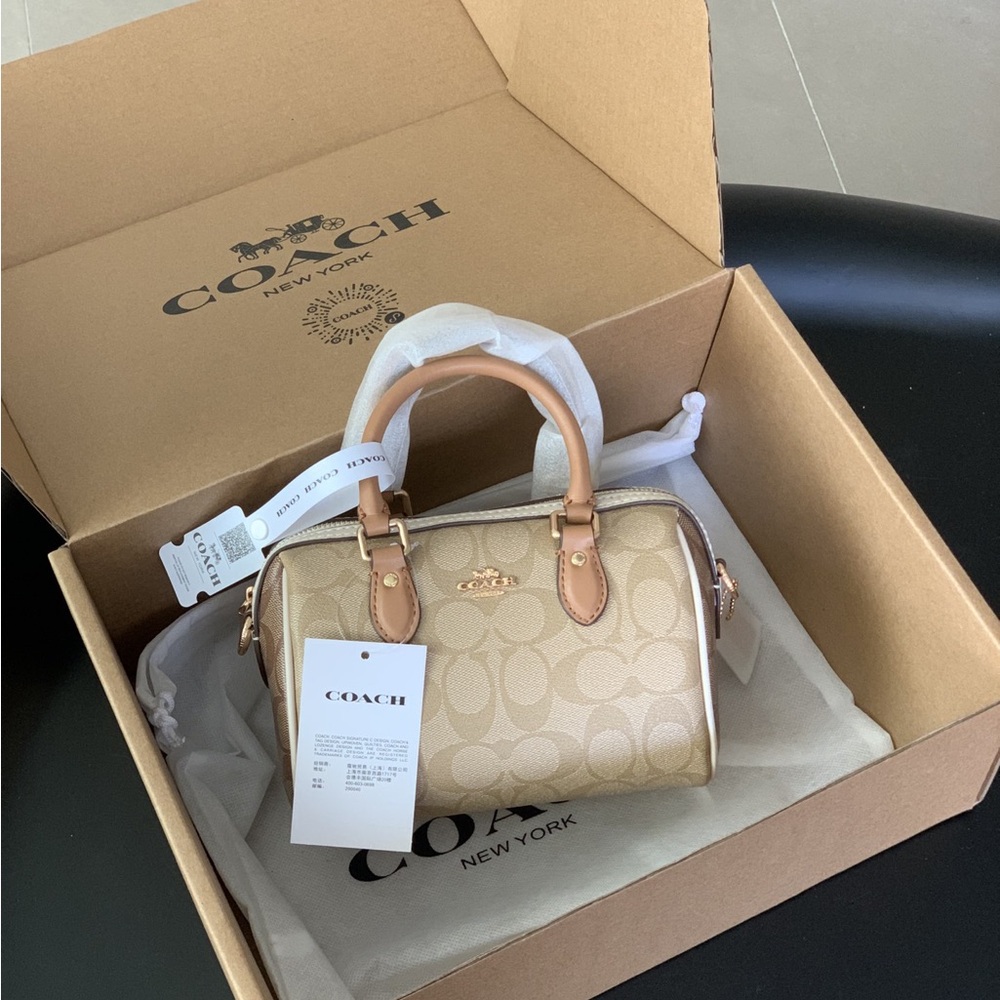 Coach Beige Signature Satchel with Tan Leather Handles and Gold Hardware - Picture 6 of 7